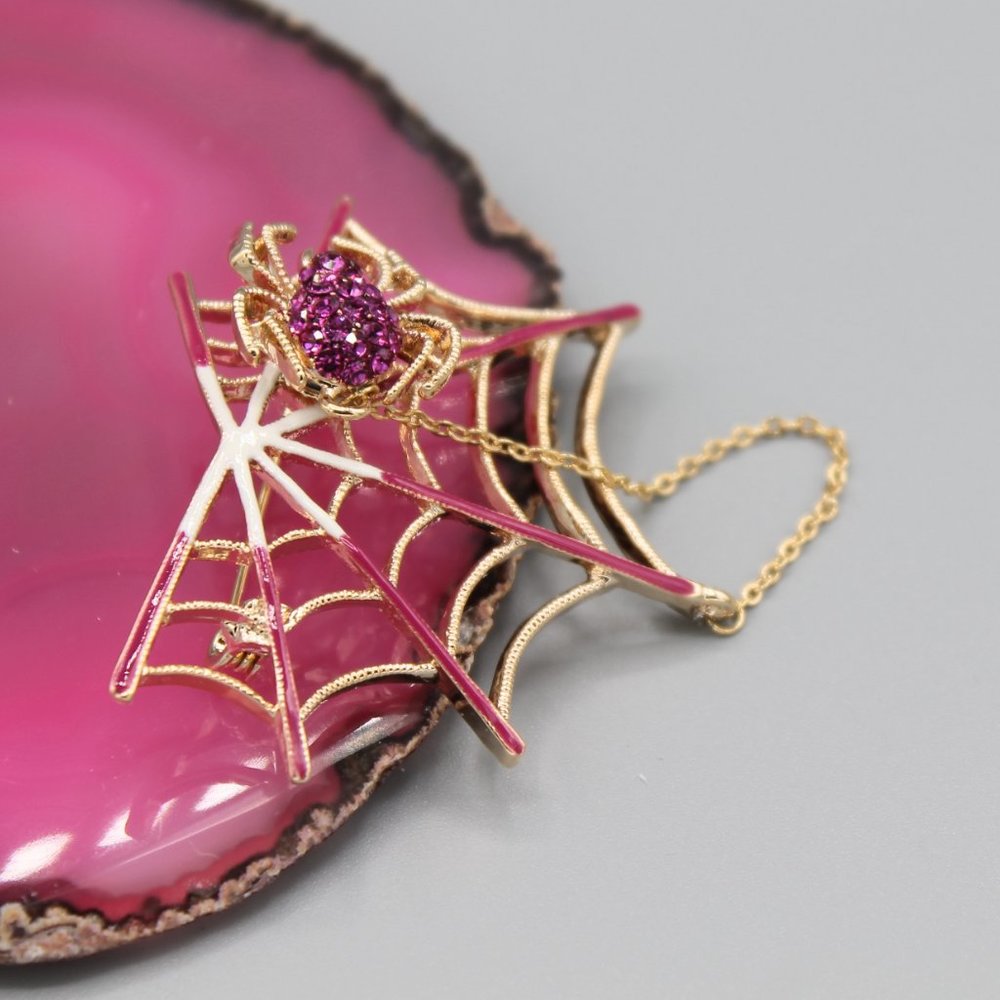 Pink & gold tone spider spiderweb pin brooch - Picture 2 of 8